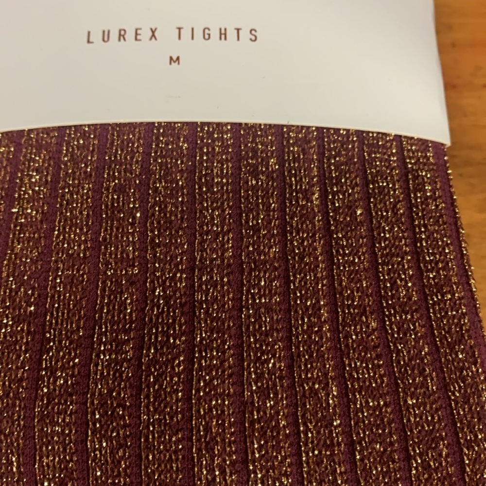 Anthropologie lurex tights burgundy gold size medium new win package - Picture 3 of 4